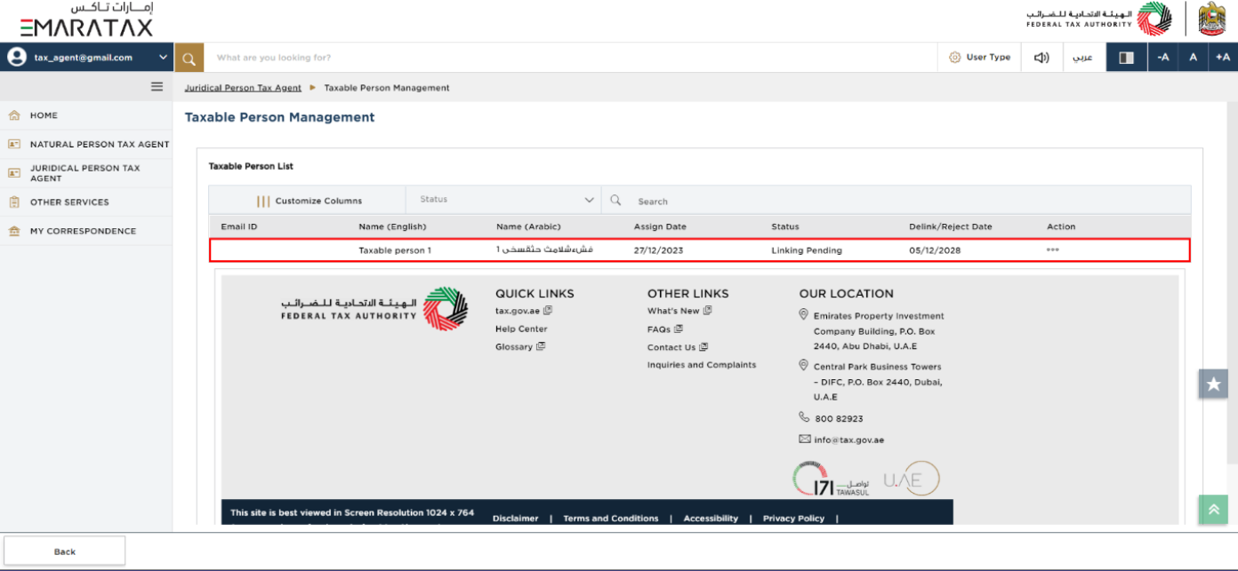 taxable person management dashboard