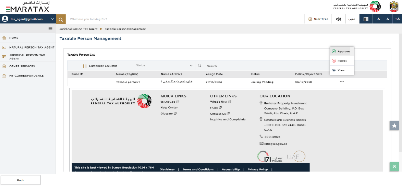 taxable person management dashboard