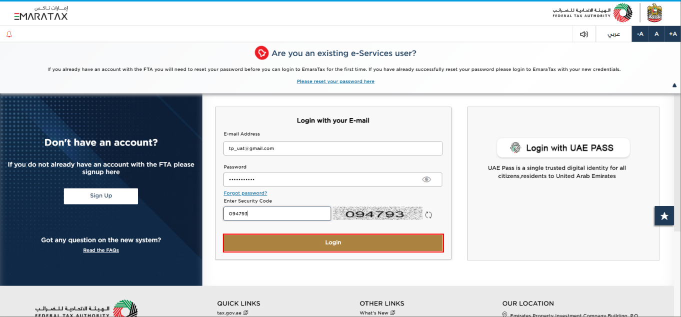 Login to EmaraTax as the Taxable Person Account Admin