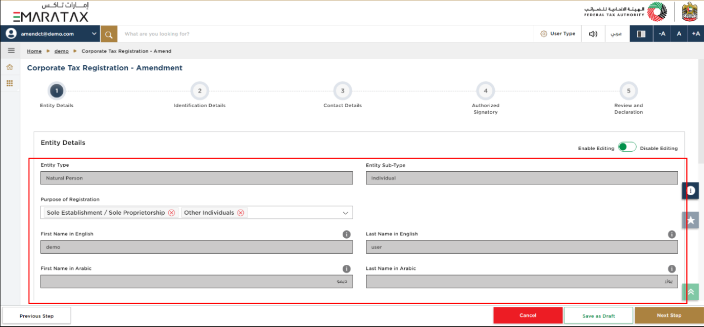Entity Details Section